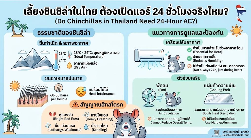 อินโฟกราฟิกความรู้เรื่องการเลี้ยงชินชิล่าในไทย การใช้แอร์เพื่อควบคุมอุณหภูมิที่เหมาะสม (18-24°C) และวิธีป้องกันฮีทสโตรก (โรคลมแดด) สำหรับคนรักชินชิล่าจาก Chinballhouse